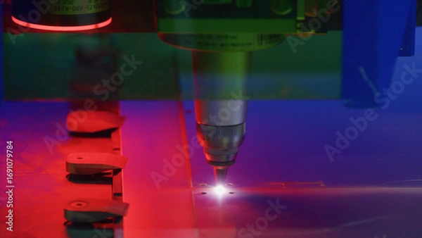 Fototapeta Automated industrial laser engraving process taking place in a factory, featuring vibrant red and blue lights while executing precise cutting and marking operations on metal sheets