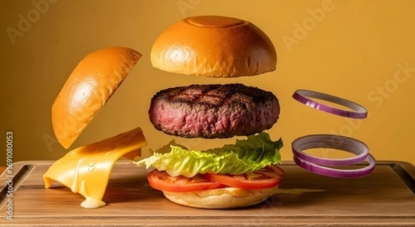 Fototapeta Exploded view of a delicious hamburger on wood board