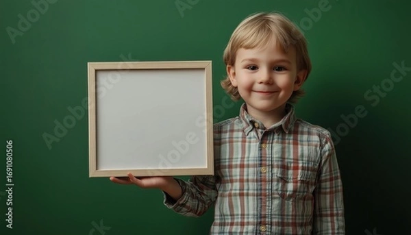 Fototapeta Young Child Holding An Empty Picture Frame Against A Green Background. The Boy Is Small In Size And The Frame Is Blank.