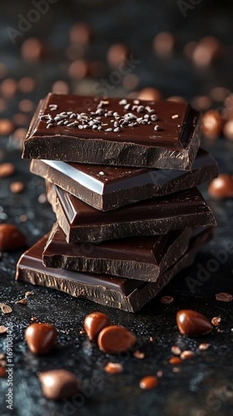 Obraz Rich dark chocolate squares stacked with cocoa nibs and roasted cacao beans for tempting treats