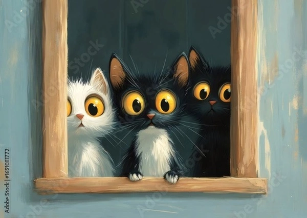 Fototapeta 木製窓枠から外を覗く白い猫と黒い猫の鮮やかな絵画風イラストレーション