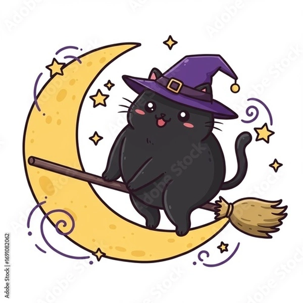 Obraz Kawaii Witch Cat on Crescent Moon