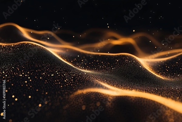 Obraz Dynamic golden light abstract digital waves flowing across a dark background with particles
