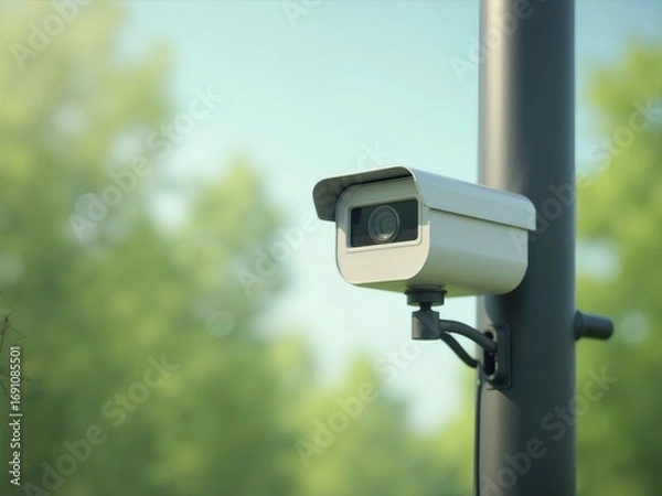 Fototapeta 監視カメラは街路灯に取り付けられ、背景には緑豊かな緑があり、監視システムのセキュリティコンセプト