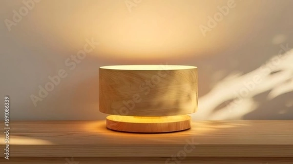 Obraz 木製円筒形ランプ ライトブラウンの木製テーブルランプとコンクリートの背景 温かい光が上と下から差し込む