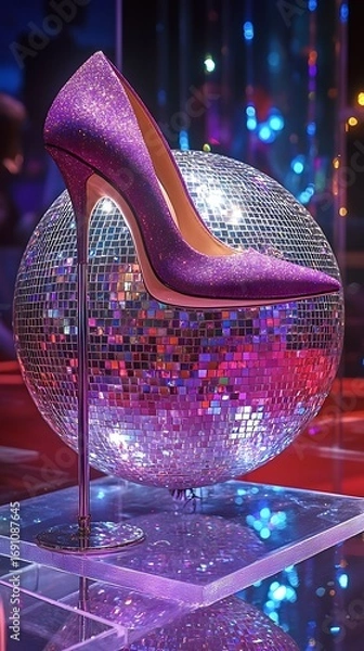 Obraz Glamorous high-heeled purple shoe atop a shimmering disco ball, perfect for elegance