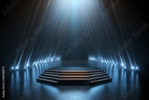 Fototapeta Dramatic Symmetrical Stage Design with Tiered Platform and Converging Light Sources Creating a Mysterious Tunnel Effect, Ideal for Technology Presentations and Theatrical Events
