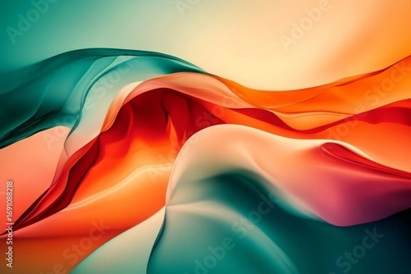 Fototapeta Dynamic Abstract Composition of Fluid Forms Flowing in a Gradient of Teal, Orange and Red Colors with Soft Lighting, Perfect for Modern Digital Art and Background Designs