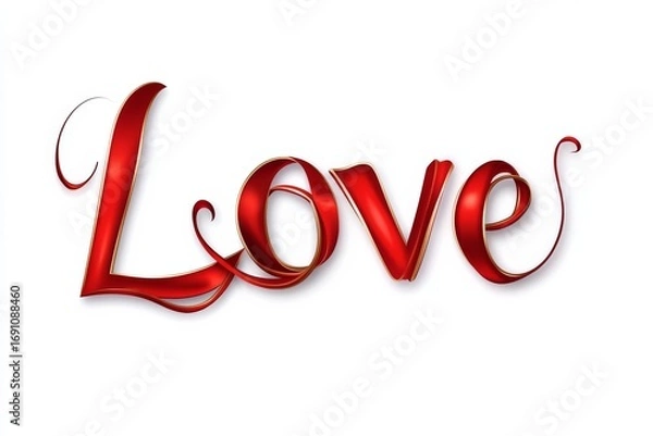 Fototapeta Elegant Glossy Red Word Love with Gold Outline on Soft Bright Background, Perfect for Valentine's Day Cards, Weddings, or Romantic Announcements, Radiating Warmth and Affection
