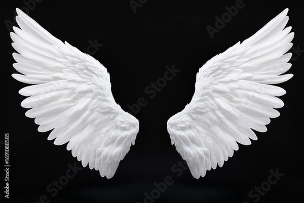 Fototapeta Elegant White Wings on a Black Background Captivating Close-Up of Intricate Feathers Evoking Purity and Spirituality for Design, Art, or Religious Themes with Realistic Detail