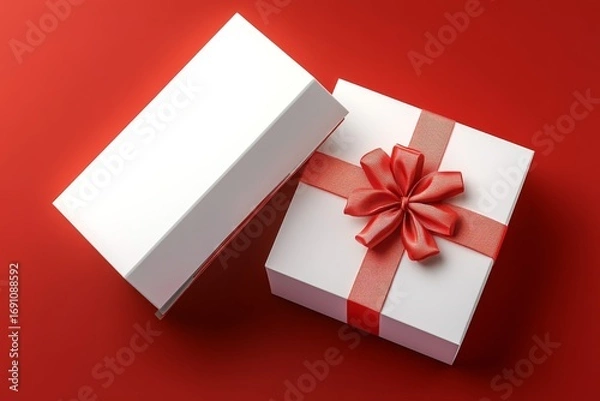 Fototapeta Elegant White Gift Box with Red Ribbon and Bow on Matte Red Background, Capturing the Essence of Celebration, Perfect for Promoting Gift Giving and Special Occasions