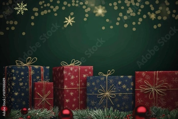 Fototapeta Festive Christmas Presents Wrapped in Vibrant Red and Blue Paper, Accentuated with Golden Ribbons, Set Against a Dark Green Textured Background with Blurred Bokeh Lights and Snowflakes