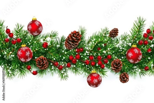 Fototapeta Festive Horizontal Border of Lush Evergreen Branches, Glossy Red Ornaments, Rustic Pine Cones and Vibrant Red Berries with Bright White Snow Flakes Against a Clean White Background