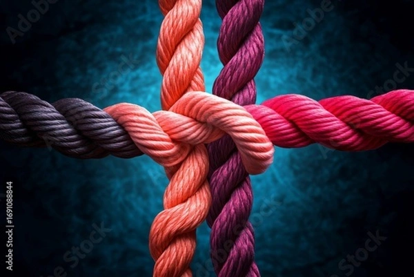 Fototapeta Intertwined Ropes in a Cross-Knot Formation Against a Subtle Teal Gradient Background Creating Depth and Unity - A Symbol of Strength, Connection and Teamwork in Dramatic Lighting