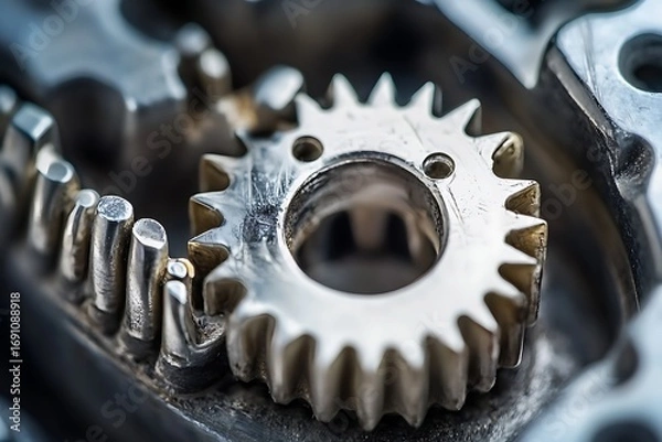 Obraz Detailed view of interlocking metal gears, symbolizing teamwork, efficiency, and industrial progress