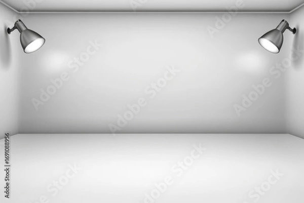 Fototapeta Minimalist Gallery Space with Symmetrical Spotlights and Soft Diffused Lighting, Ideal for Showcasing Artwork and Design, Featuring Smooth White Walls and Glossy Floor, Creating an