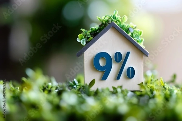 Obraz Wooden house model displaying 9% interest rate, real estate investment concept with greenery