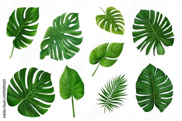 Fototapeta Vibrant Collection of Tropical Leaves on White Background Diverse Green Foliage Including Monstera and Palm Fronds, Showcasing Glossy Texture and Fresh Nature Elements for Design Use