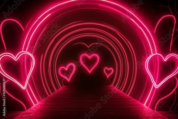 Fototapeta Vibrant Neon Heart Tunnel Perspective with Concentric Arches and Glowing Hearts on Dark Background, Perfect for Valentine's Day, Romantic Themes and Digital Media Decor
