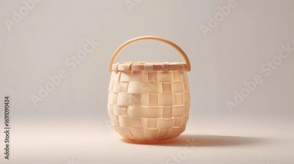 Fototapeta シンプルなベージュの編みかご ベージュ背景 スタジオ照明 素朴なデザインと自然なスタイル 明るい背景の木製のバスケット