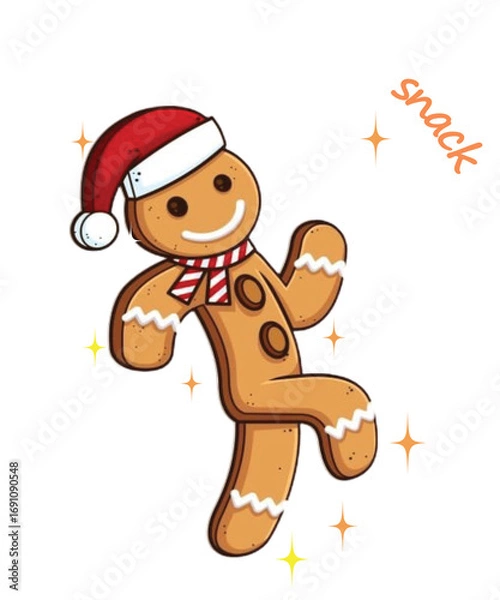 Fototapeta Whimsical gingerbread man with santa hat and scarf dancing joyfully with a playful phrase out here lookin like a snack in a festive silhouette