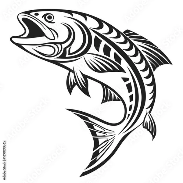 Fototapeta Stylized black and white jumping fish with tribal patterns