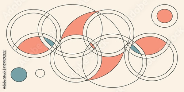 Fototapeta Overlapping circles with colored segments and isolated circles on a light background create a pattern