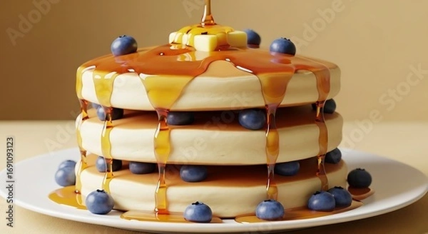 Fototapeta Stack of pancakes with blueberries and maple syrup