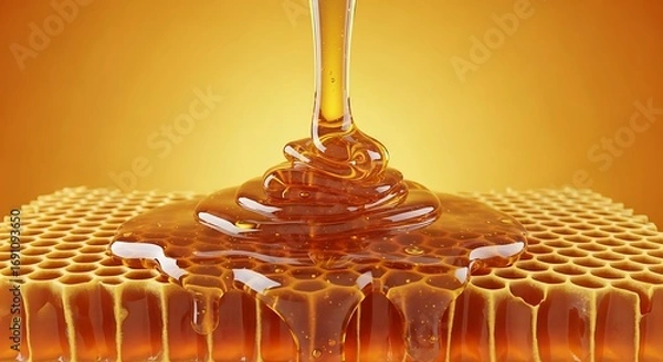 Fototapeta Honey dripping on honeycomb with golden background