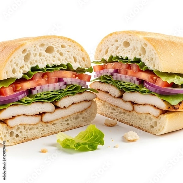 Fototapeta Two halves of a grilled chicken panini sandwich, brimming with fresh vegetables and sliced chicken, are displayed against a crisp white background.