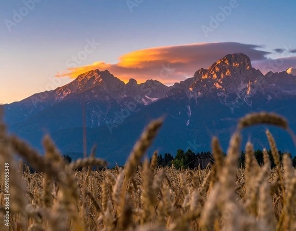 Obraz Golden wheat field, dramatic sunset over mountains