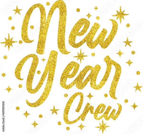 Fototapeta Golden glitter new year crew text with sparkling stars and confetti on a dark background festive celebration new year s eve party silhouette