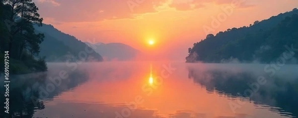 Fototapeta Serene sunrise over a tranquil lake, mist rising, gentle light illuminating the scene Perfect for themes of peace, mindfulness, and spiritual awakening , meditation, golden hour