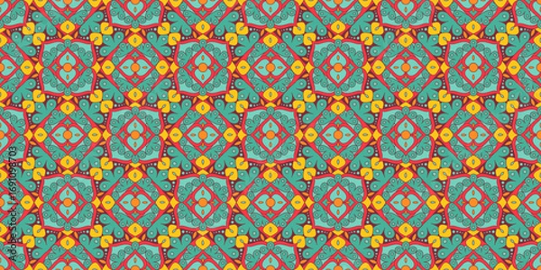 Obraz Seamless pattern with traditional Indian floral ornament for fabric swatch or wrapping paper. Vector abstract kaleidoscopic background