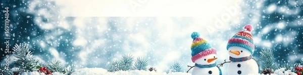 Obraz Two cute smiling snowmen in colorful hats scarves standing on snow, looking at each other, endless winter forest background, falling snowflakes, joyful Christmas scene