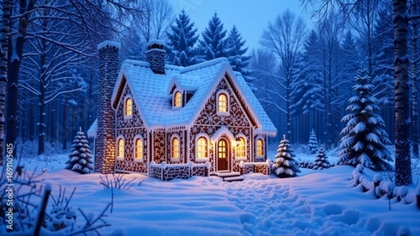 Fototapeta small gingerbread house middle snowy forest house covered thick layer snow has chimney side roof also covered snow several windows doors front house windows lit warm orange yellow lights creating