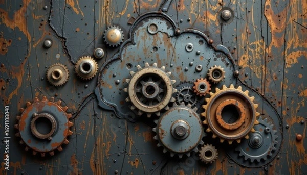 Fototapeta Industrial Mechanical Gears Within Cloud Outline