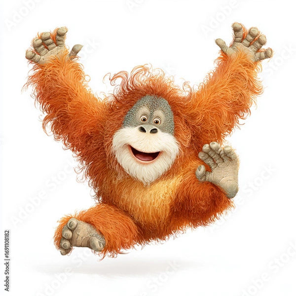 Fototapeta Colorful cartoon monkey jumps joyfully in a playful environment during daytime