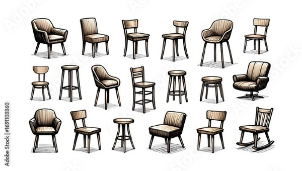 Fototapeta Hand-Drawn Chair Collection – Sketch Illustration of Chairs in Various Shapes and Sizes Arranged in a Whimsical Artistic Style