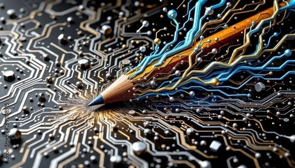 Fototapeta Circuit Board with Creative Energy Flows and Pencil Illustration