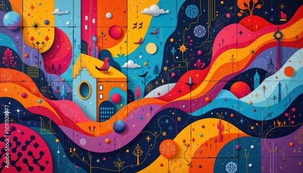 Fototapeta Surreal Colorful Landscape with Whimsical Building and Night Sky