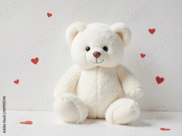 Fototapeta 白クマのぬいぐるみが座っている背景にハートのイラストが描かれた甘いバレンタインの日のシーン