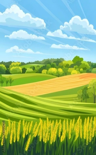 Obraz 晴れた日中の緑の丘と畑と青空のピクセル化されたイラストレーション
