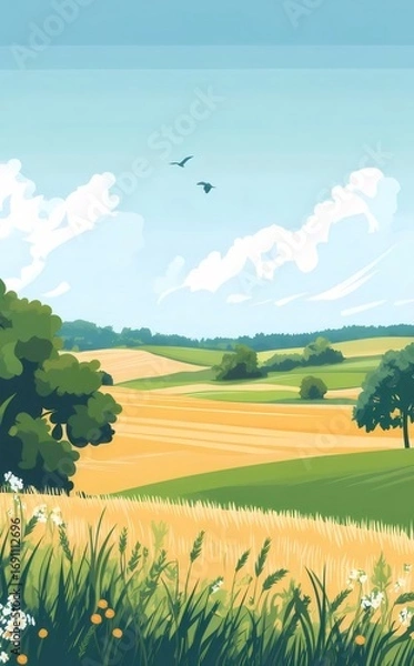 Obraz 青空の下の緑と黄色の農地のピクセルアート風景