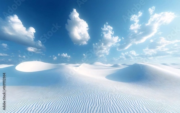 Obraz 白い砂丘とふわふわした雲が広がる青い空の穏やかな砂漠の風景