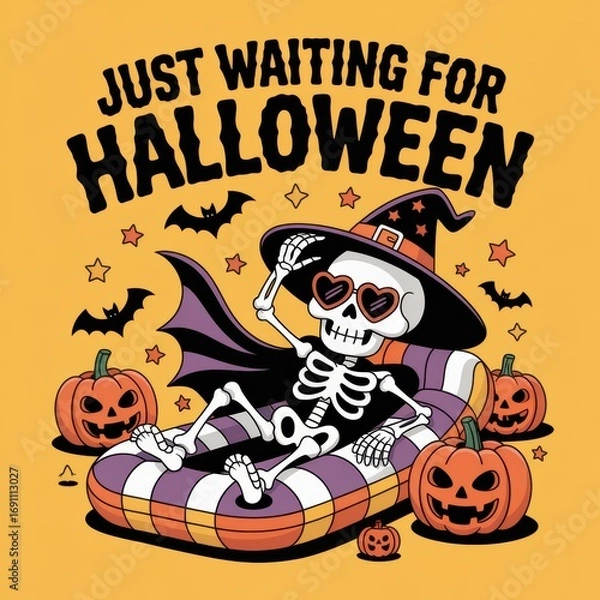 Obraz A playful skeleton in sunglasses relaxes on a float, surrounded by pumpkins and bats, eagerly anticipating Halloween festivities.
