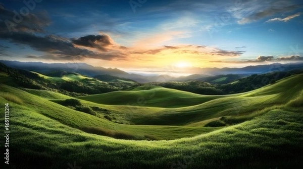 Obraz 鮮やかな夕日の丘陵地帯の風景 青空に浮かぶ雲 緑の草が広がる丘陵地のパノラマ