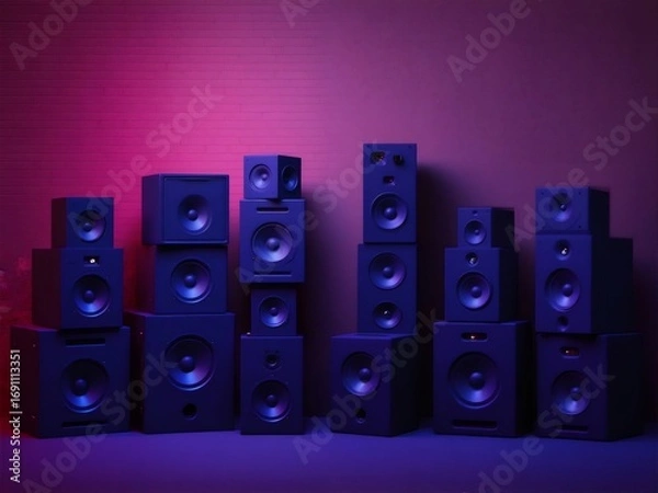 Obraz 紫とピンクの照明とスピーカーのセットアップオーディオ品質に不可欠な機器を特徴とする音楽スタジオ