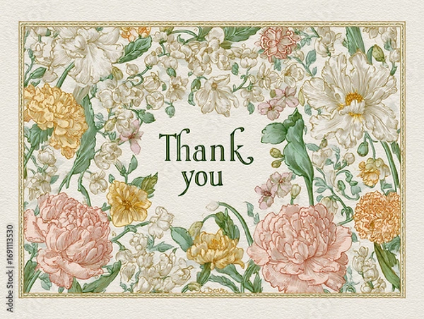 Fototapeta Beautiful floral thank you card featuring soft colors and intricate designs with blooming flowers in a delicate arrangement