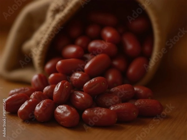 Obraz 赤茶色のグミの果実が麻袋から木の表面にこぼれる静物